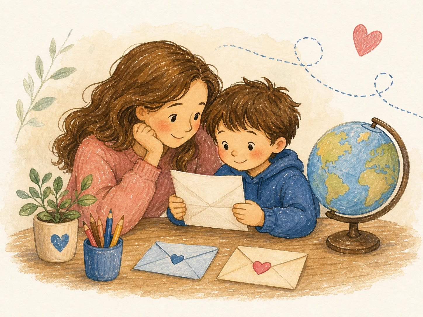 Illustration of a mother and son opening a letter beside a globe