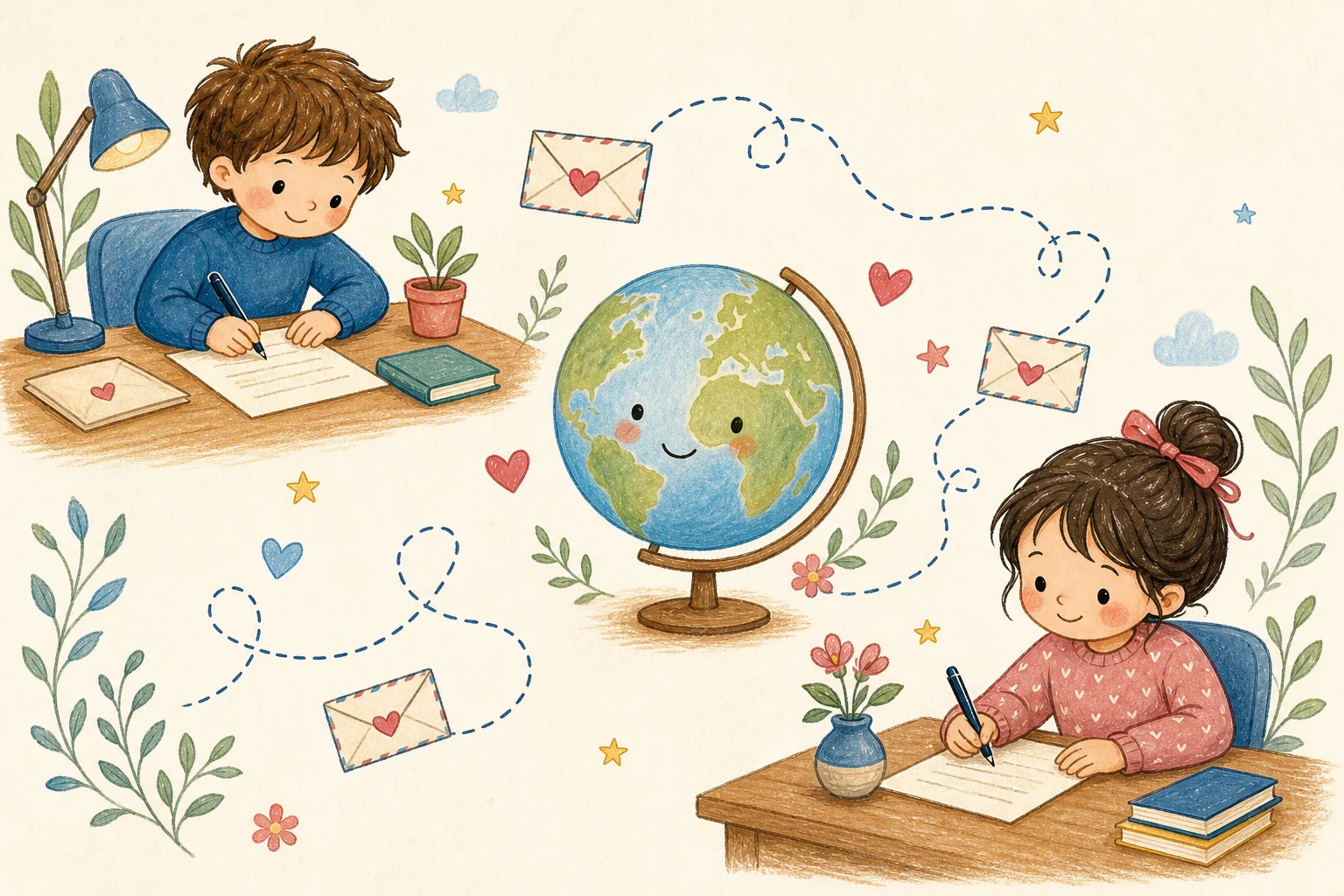 Illustration of two children writing letters across the world